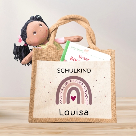 Einschulung Jute Pocket Tasche Personalisiert mit Wunschnamen | Schulkind Regenbogen Herz als Geschenktasche für Schulanfang - 1 Schultag