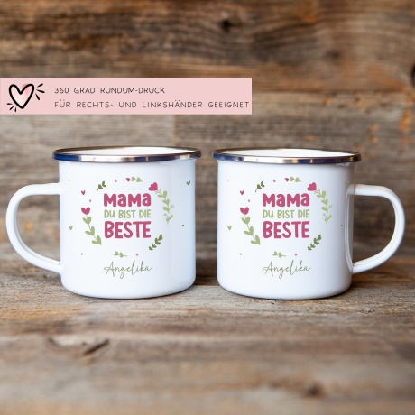 Personalisierte Emaille-Becher Tasse zum Muttertag – Mama du bist die Beste  [Wunschname]. Persönliches Geschenk zum Geburtstag, Dankeschön