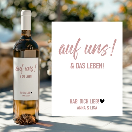 Weinetikett mit Namen, auf uns und das Leben, Wunschname Etikett, Geburtstagsgeschenk für Weinliebhaber - Rosa