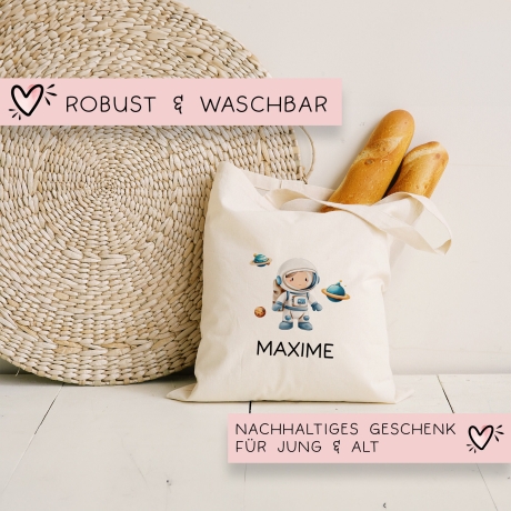 Stoffbeutel Astronaut Turnbeutel Rucksack, Kindergartentasche mit Name personalisiert Weltraum Weltall Astronaut aus Bio-Baumwolle