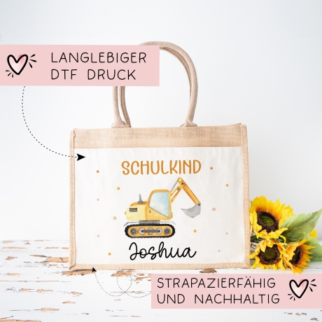 Bagger Schulkind 2024 Pocket Tasche mit Wunschnamen | 100% Jute | Schaufelbagger Baustelle | Geschenk Einschulung | Schultüte personalisiert