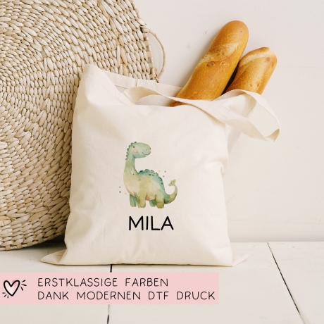 Stoffbeutel Dinosaurier Dino Wunschname Stofftasche Brontosaurus Tasche personalisiert Kinder-Beutel als Sporttasche, Wechselwäsche & Schule