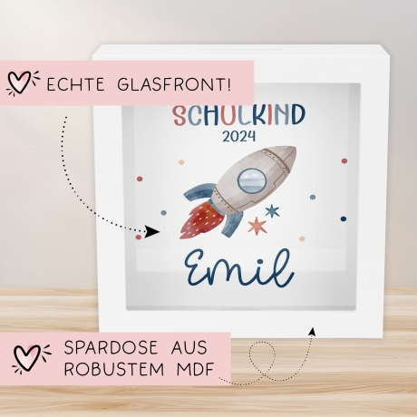 Einschulung Spardose Rakete Schulkind 2024 mit Wunschname Name Kind personalisiert Kinder Geburtstagsgeschenk mit Wunschtext