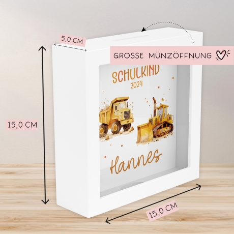 Schulkind 2024 LKW & Kipper Spardose mit Wunschname Fee Name Kind personalisiert Kinder Geburtstagsgeschenk Einschulung mit Wunschtext