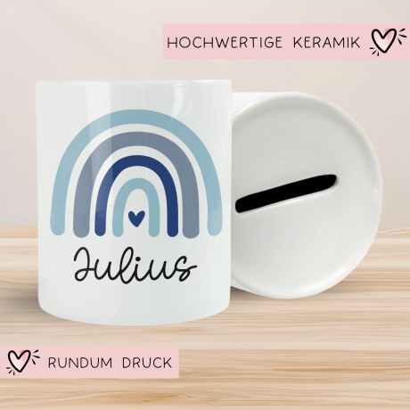 Personalisierte Spardose Regenbogen mit Namen und Datum - Blau - Geschenk für Junge zum Geburtstag Weihnachten Firmung Geburt Einschulung