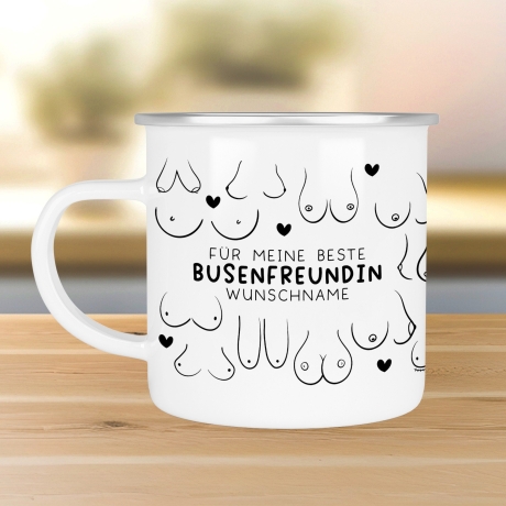 Personalisierte Busenfreundin Emaille Tasse Becher mit eigenen Namen oder Wunschnamen | Für die beste Freundin - BFF - liebste Freundin