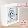 Regenbogen Blau Holz Spardose Taufe personalisiert mit Namen zur Geburt Kommunion Konfirmation eines Kindes mit Taufspruch als Geldgeschenk