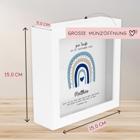 Regenbogen Blau Holz Spardose Taufe personalisiert mit Namen zur Geburt Kommunion Konfirmation eines Kindes mit Taufspruch als Geldgeschenk