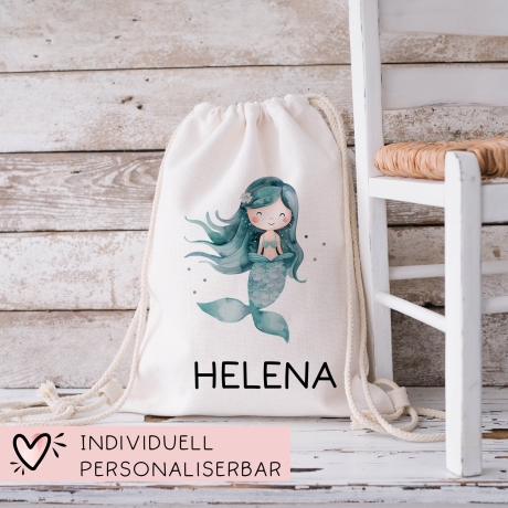 Turnbeutel Meerjungfrau Personalisiert | Nixe mit Wunschnamen Rucksack Schule, Kindergarten, KITA, Wäschebeutel, Sportbeutel, Wechselwäsche