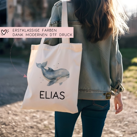 Einschulung Stofftasche mit Namen Wal personalisiert Kinder-Beutel als Sporttasche, Wechselwäsche, Stoffbeutel Kita, Schule & Kindergarten