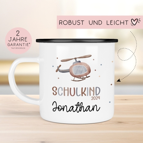 Schulanfang Kindertasse Schulkind mit Hubschrauber-Motiv - personalisierte Emaille-Tasse mit Namen - ideales Kindergeschirr