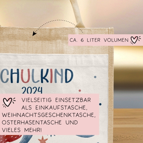 Schulkind 2024 Tasche, Rakete Weltraum Schultasche, Geschenk Einschulung, Schultüte, personalisierte Jutetasche, Einschulungsgeschenk