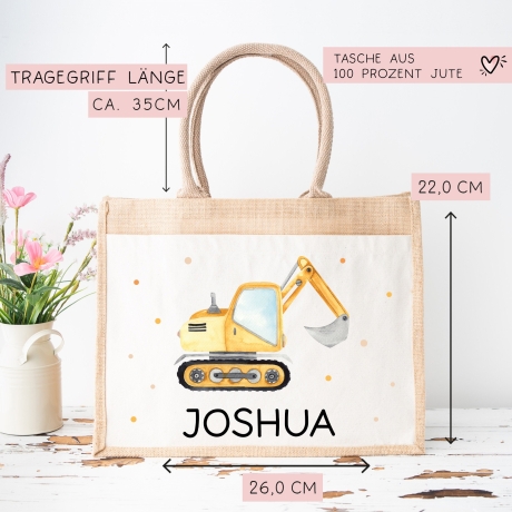 Schaufelbagger Pocket Tasche Wunschnamen | 100% Jute | Bagger Baustelle | Geschenk Einschulung | Schultüte personalisiert oder Weihnachten