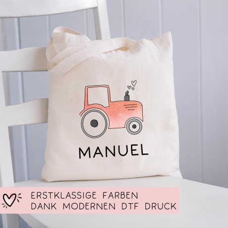 Baumwolltasche Traktor Rot Stofftasche Name - Kinder Beutel Jutetasche Kindertasche & Wunschname - Wechselwäsche - Tragetasche - Jutebeutel