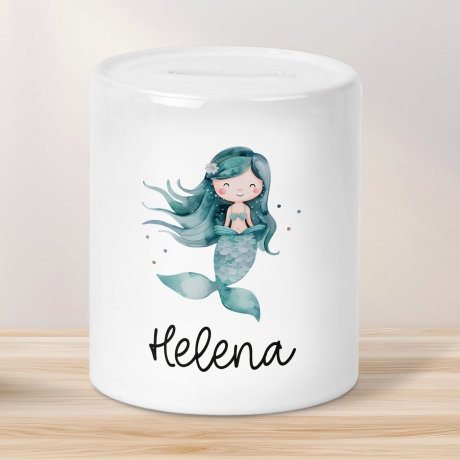 Spardose mit Name und Meerjungfrau Personalisiert Wunschnamen für Mädchen aus Keramik. Geschenk Taufe, Geburtstag od. Weihnachten