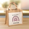 Einschulung Jute Pocket Tasche Personalisiert mit Wunschnamen | Schulkind Regenbogen Herz als Geschenktasche für Schulanfang - 1 Schultag