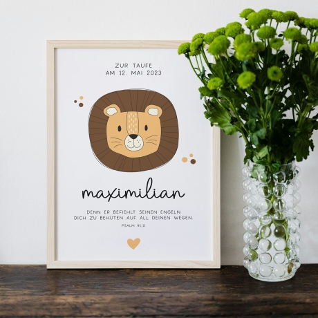 Personalisiertes Poster zur Taufe mit eigenen Namen und Taufspruch mit einem Löwen| Taufposter| Geschenk zur Taufe | Geschenk für Patenkind