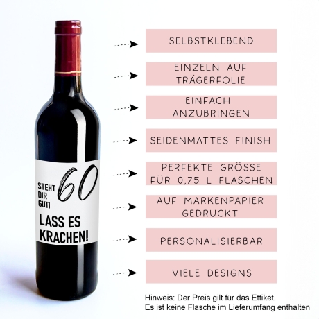 Weinetikett runder Geburtstag 20 30 40 50 60, Flaschenetikett für Weinflaschen, ideales Geschenk für Weinliebhaber - Schwarz