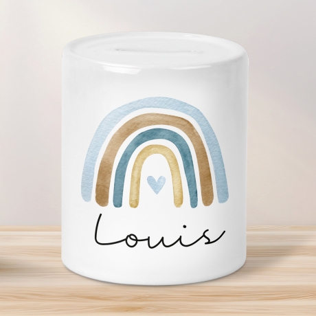 Personalisierte Kinder Spardose Regenbogen Aquarell mit Namen Wunschname und Datum -Geschenk für Jungen & Mädchen zum Geburtstag Weihnachten