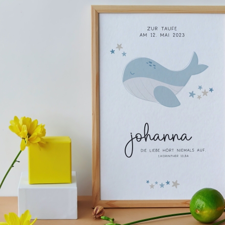 Personalisiertes Poster zur Taufe mit eigenen Namen und Taufspruch mit einem Wal | Taufposter| Geschenk zur Taufe | Geschenk für Patenkind