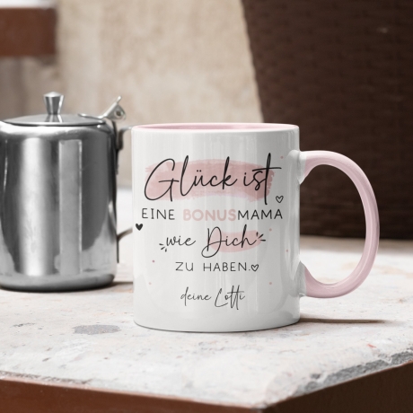 Tasse Bonusmama Muttertag personalisiert – Motiv: Glück ist eine BONUSMAMA wie dich zu haben - Geschenk zum Geburtstag, Ostern, Weihnachten