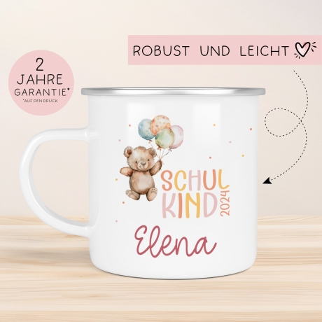Schulkind 2024 Emaille Tasse, personalisiertes Einschulungsgeschenk, personalisierte Tasse für Jungen und Mädchen Schulanfang