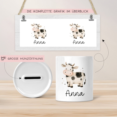 Spardose mit Namen Kuh Tier Personalisiert optional mit Datum - Schwarz Weiß - Geschenk für Junge & Mädchen zum Geburtstag Weihnachten