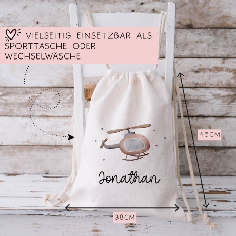Hubschrauber Turnbeutel Rucksack mit Namen - GymBag als Wäschebeutel, Sportbeutel Kinderbeutel für Schule, Kindergarten, Kita.Personalisiert