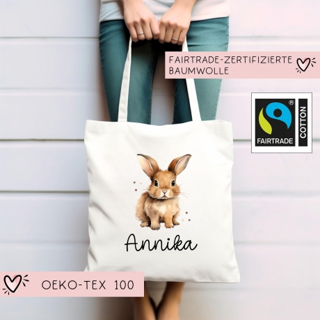 Stofftasche mit Namen Hase Rammler - Personalisierte Kinder Beutel Kindertasche - Wechselwäsche, Schmutzwäsche Tragetasche - Wechselkleidung