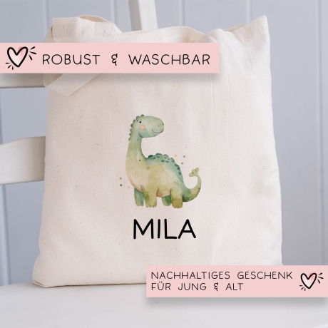 Stoffbeutel Dinosaurier Dino Wunschname Stofftasche Brontosaurus Tasche personalisiert Kinder-Beutel als Sporttasche, Wechselwäsche & Schule