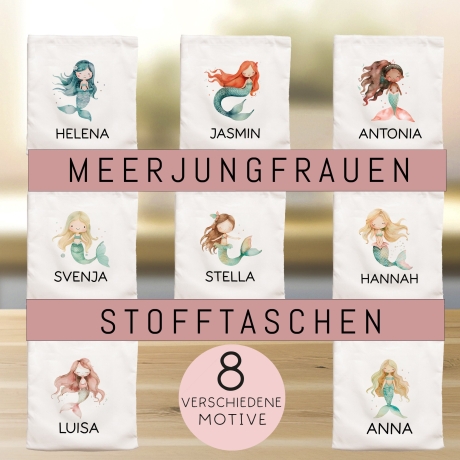 Meerjungfrau Stofftasche Personalisiert Einschulung Kindergarten Wäschebeutel Sportbeutel mit Wunschnamen für Schule, Wechselwäsche