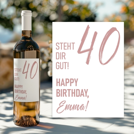 Weinetikett personalisiert, Geburtstags - Weinetikett für runde Geburtstage 20. 30. 40. 50. 60. Geburtstag - Rosa