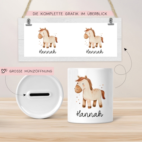 Personalisierte Kinder Spardose Pferd Tier mit Namen optional mit Datum - Braun - Geschenk für Junge & Mädchen zum Geburtstag Weihnachten
