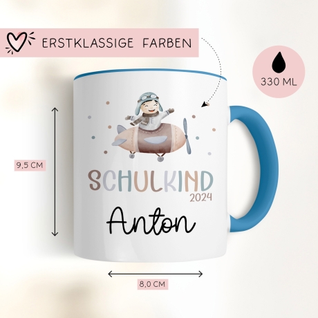Kindertasse Schulkind 2024 mit Flugzeug-Motiv - personalisierte Kakao Tasse mit Namen - ideales Kindergeschirr - perfektes Geschenk Kinder