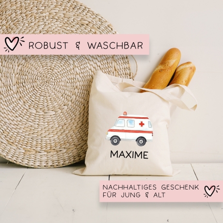 Krankenwagen Stofftasche Personalisiert mit Namen. Rettungswagen für Schule und Kindergarten - Wäschebeutel Wechselwäsche | Mädchen & Junge