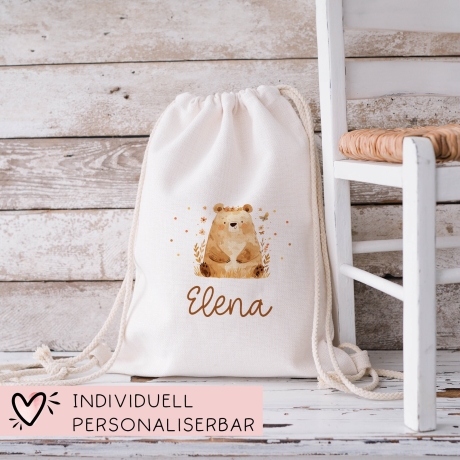 Turnbeutel Rucksack mit Namen Sitzender Bär -GymBag als Wäschebeutel, Sportbeutel Kinderbeutel für Schule, Kindergarten, Kita.Personalisiert