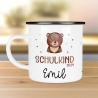 Schulanfang  Kindertasse Schulkind - personalisiertes Emaille- Einschulung mit Namen, Fuchs, Bär, Flugzeug, Fee Ballerina Bagger