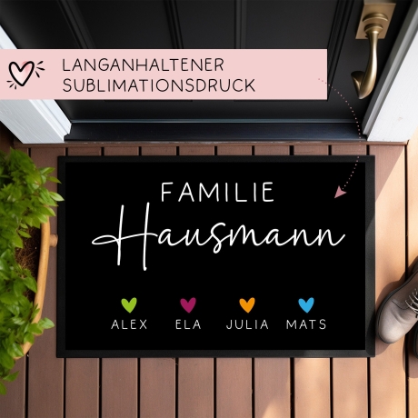 Personalisierte Fußmatte - Fussmatte mit Wunschnamen | Familie mit Herzen | 60x40 cm | Geschenkidee zum Umzug, Einzug für Familien, Umzug