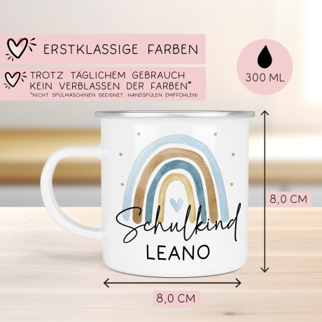 Schulanfang Schulkind Emaille Tasse Becher | Personalisiert mit Wunschnamen | Kindertasse zur Einschulung | Regenbogen im Aquarell-Stil