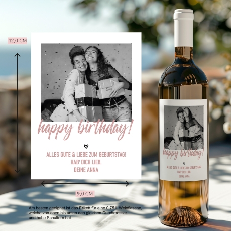 Personalisiertes Weinetikett Happy Birthday mit Foto & Namen, Geburtstags-Flaschenetikett - Rosa, ideales Geburtstagsgeschenk