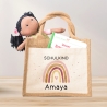 Einschulung Jute Pocket Tasche Personalisiert mit Wunschnamen | Schulkind Regenbogen Herz als Geschenktasche für Schulanfang - 1 Schultag