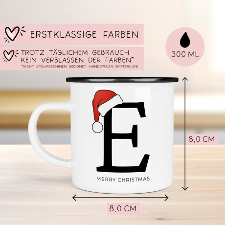 Emaille Tasse Weihnachten Personalisiert - Frohe Weihnachten - Merry Christmas - mit Anfangsbuchstabe und Wunschnamen - Nikolaus - Monogramm