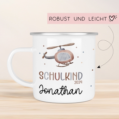 Hubschrauber Kindertasse Schulkind Name Emaille Tasse Kind Kindergeschirr personalisiert Kinder Geschenk Schulanfang Geburtstagsgeschenk