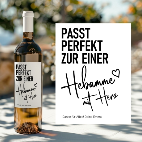 Personalisiertes Weinetikett Hebamme mit Herz Flaschenetikett Geschenk - Schwangerschaft - Geburt Geschenk - Name - Dankeschön - Etikett