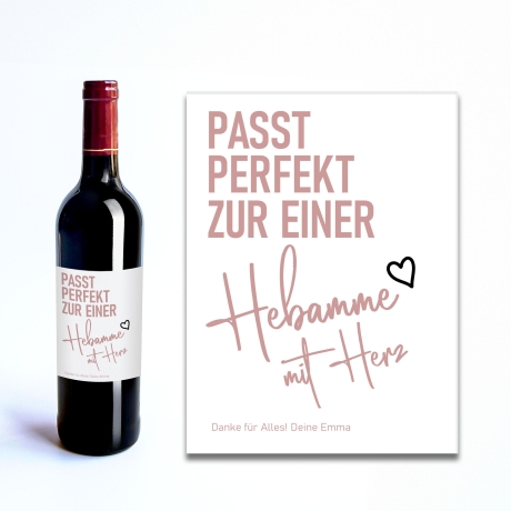 Personalisiertes Weinetikett Hebamme mit Herz Flaschenetikett Geschenk - Schwangerschaft - Geburt Geschenk - Name - Dankeschön - Etikett
