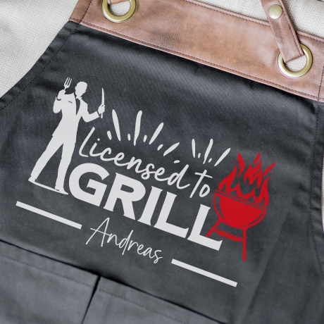 Grillschürze personalisiert Lizenz zum Grillen für Männer mit Name & Kunstleder zum Geburtstag - Weihnachten Baumwollschürze, Küchenschürze