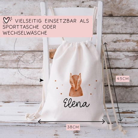 Fuchs Stofftasche Tasche Kinder-Beutel mit Namen Wunschname als Sporttasche, Wechselwäsche, Tragetasche -für Kita Schule & Kindergarten