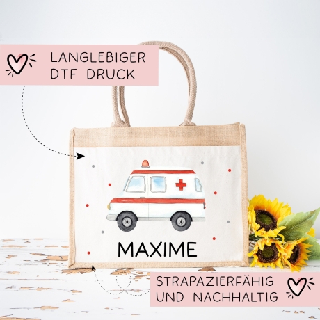 RTW Krankenwagen Tasche Wunschnamen | aus 100% Jute | Rettungsfahrzeug | Geschenk Geschenk zum Geburtstag, Nikolaus, Weihnachten oder Ostern