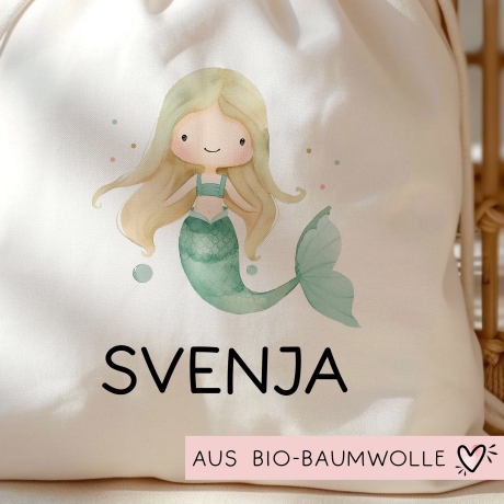 Personalisiert Meerjungfrau Einschulung Stofftasche Kindergarten Wäschebeutel Kinder-Beutel mit Wunschnamen für Schule, Wechselwäsche