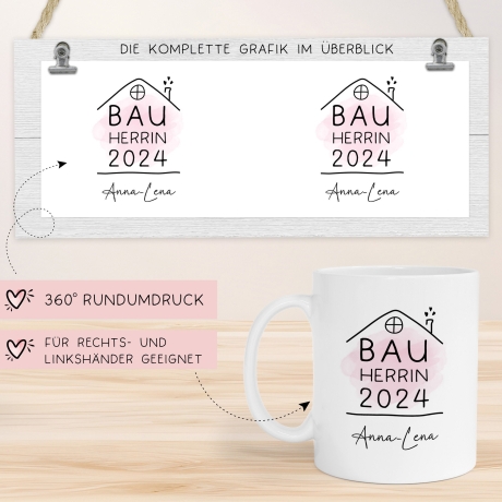 Bauherrin Tasse 2024 Name, Richtfest Geschenk, Becher Geschenke zum Richtfest, Geschenkideen zum Hausbau Einweihung Hausbauer - 330ml